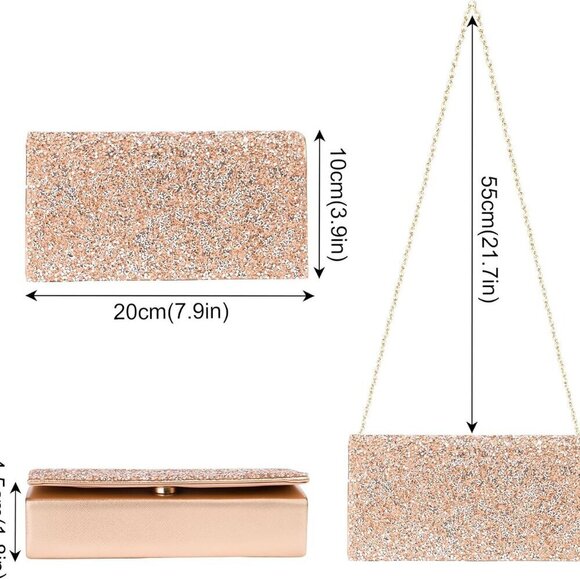 Women's Rhinestone Evening Handbag Clutch Rose Gold Envelope Crossbody - Picture 3 of 7